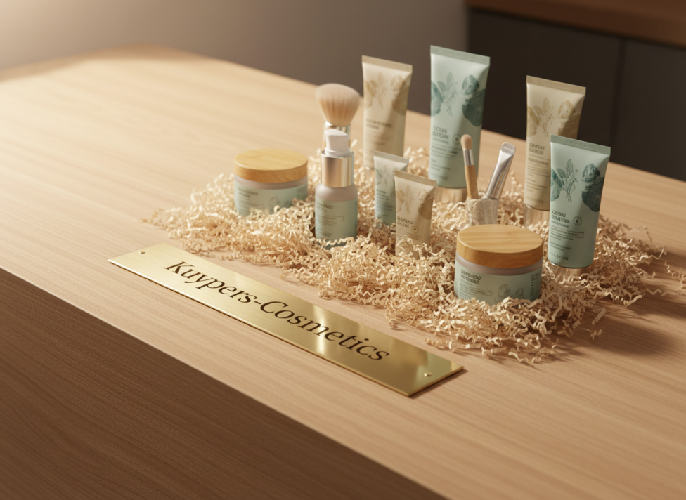 A sophisticated branded display set featuring a curated selection of sustainable cosmetic products nestled within recycled paper crinkle cut filler. The display rests atop a polished, light wood counter with a branded, laser-etched plaque reading Kuypers-Cosmetics. The soft, ambient light creates gentle gradients and enhances natural textures, while delicate shadows add dimensionality. The scene projects warmth and conscientiousness—calm, welcoming, and tastefully luxurious. Photographed at a gentle side angle for depth, the composition is centered with clear focus on the branding and product quality. The artistic approach is clean, inviting, and subtly premium, reflecting an expert, partner-oriented image.